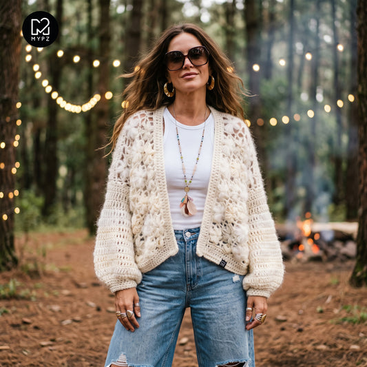 Haakpakket - MYPZ kort bombervest Wildflower Off White (ENG-DE-NL-ES-FR-IT-DA-SV-NO)